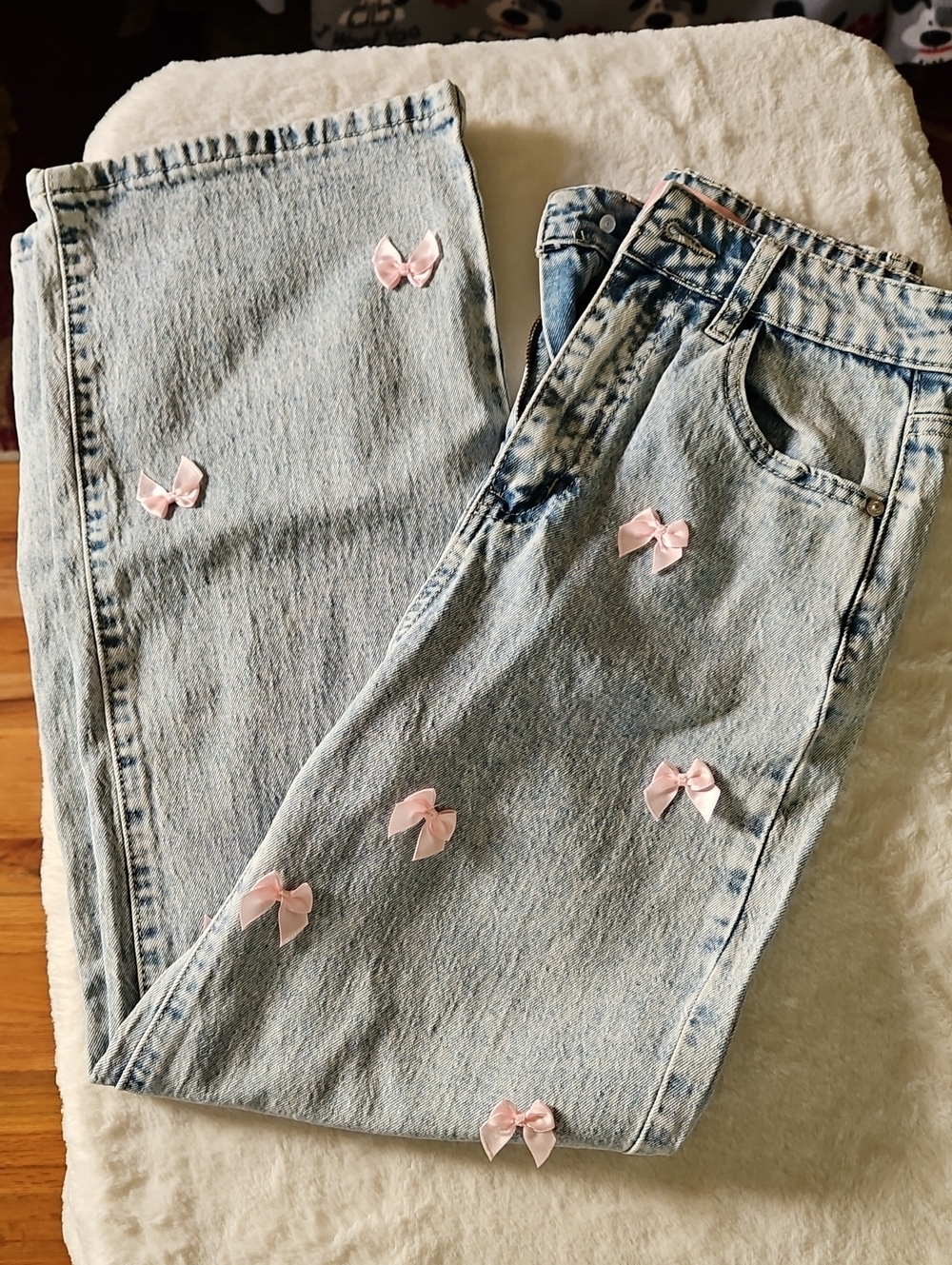 Light Blue Kids' Denim Jeans with Pink Bow Details